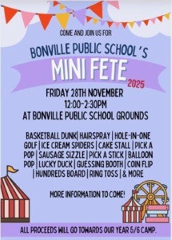 A poster with cartoons pictures of a carnival alongside information about the school mini fete
