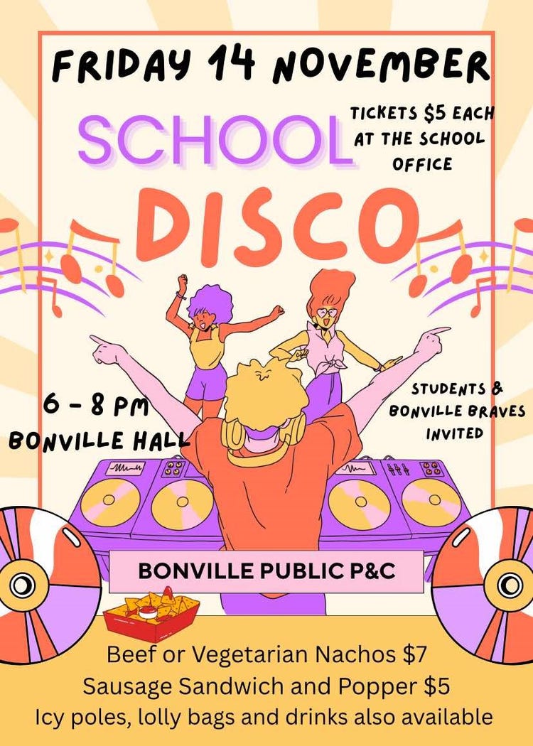 A poster with cartoon illustrations of a disco and the information for the school disco event